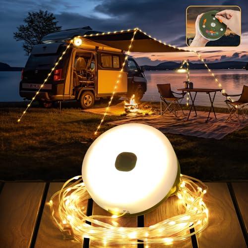 FOMYHEARD 10M Catena luminosa da campeggio arrotolabile, 4 in 1, con 9 modalità di illuminazione, portatile, ricaricabile USB, per campeggio, escursionismo