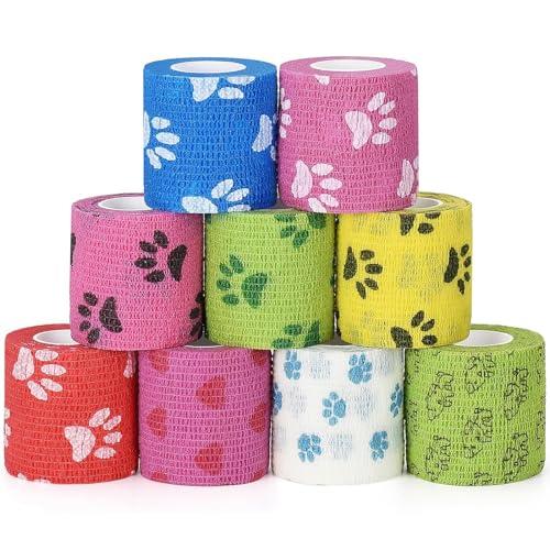 SEADESKY 9 Rotoli Pet Vet Wrap Bendaggio Coesivo Benda Elastica Autoadesiva per Animali Domestici Bende Elastiche Adesivo Non Tessuto Bendaggio Fasciatura Coesive Nastro Elastico 5cm x 4.5m