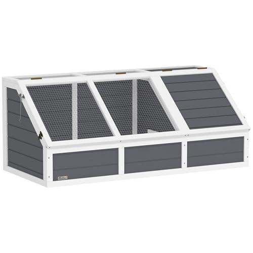 PawHut Casetta per Tartarughe di Terra senza Pavimentazione con Pannello Apribile e 2 Spazi Separati, Casa Tartarughe in Legno di Abete e Acciaio Zincato, 120x55x50A cm, Grigio Chiaro e Bianco