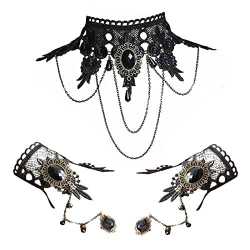 TSHAOUN 3 Pezzi Collana di Pizzo Nero Girocollo Bracciale,Partito Punk Gotico Fatto a Mano Lolita Retro Slave Victorian Vampire Gioielli,Principessa Festa di Nozze in Maschera Halloween (3 PCS)