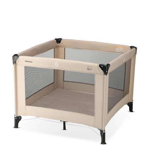 DERYAN Box per bambini, 100 x 100 cm, box con rete traspirante, lettino da viaggio pieghevole con materasso e borsa per il trasporto, box per bambini, colore nocciola