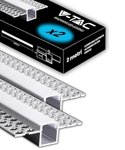 V-TAC 2x Profili per Strisce Led a Scomparsa da 2 METRI con Diffusore - (4 Metri Totali) - Profilo a Incasso da Parete e Soffitto per Striscia LED in Alluminio - Colore Argento - Misure 55 x 15 mm