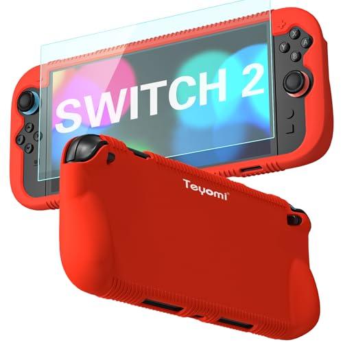 Teyomi Custodia protettiva in silicone compatibile con Nintendo Switch 2, Cover antiurto per Nintendo Switch 2 con pellicola protettiva in vetro temperato, custodia ergonomica per Switch 2 (Rosso)