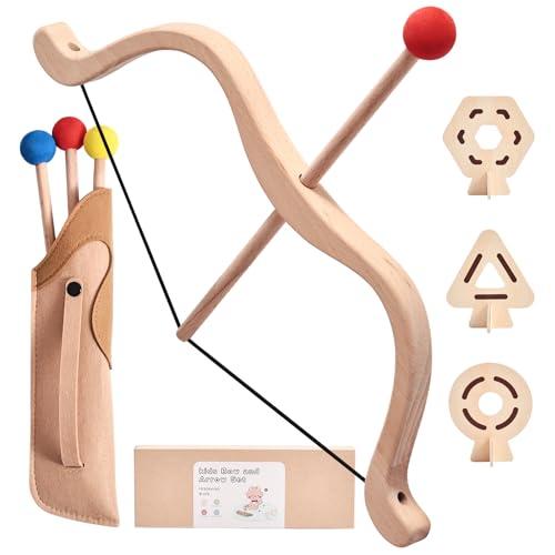 WOODEN TEETHER Set di frecce e arco per bambini, giocattolo con 1 arco in legno di faggio, 3 frecce, 3 bersagli e borsa per freccia, set di arco per bambini e ragazze