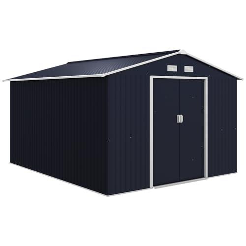 Outsunny Casetta da Giardino in Lamiera d'Acciaio 8.3 m², Capanno Porta Attrezzi con 4 Prese d'Aria, Fondazione e 2 Porte Scorrevoli, 277x322x192 cm, Grigio Scuro