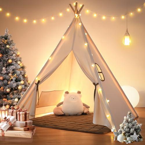 besrey Tenda per Bambini da Gioco in Tela Indiana Teepee in Cotone con Tappetino Imbottito e Luci Fatate (Avorio)