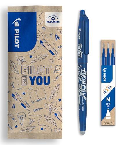PILOT - Confezione da 1 Frixion Ball + 1 set di 3 ricariche - Penna cancellabile con inchiostro termosensibile - Penna roller ricaricabile realizzata in plastica riciclata - Blu - Punta media