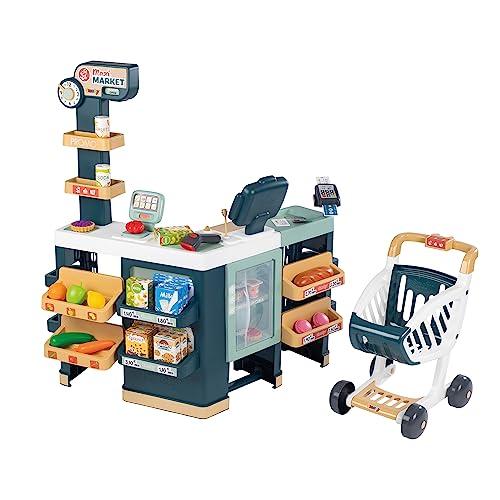 Smoby - Supermercato Maxi con carrello- Registratore di cassa senza funzione reale, zona di insaccamento, lettore di codici a barre, bilancia, frigorifero e 50 accessori, giocattolo per bambini e