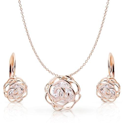 Crystalline Azuria Donna 18ct Placcato Oro Rosa Fiori Rose Cristalli Parure Collana con Ciondolo 45 cm Orecchini Monachella