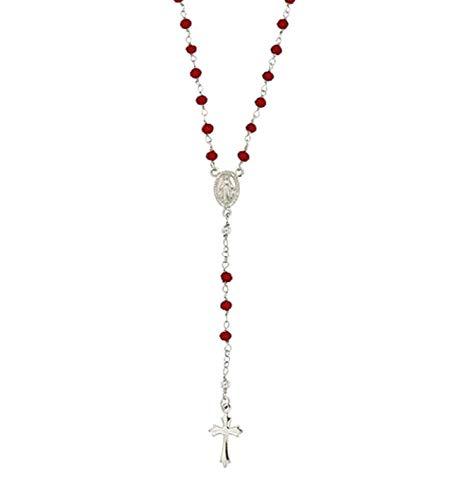 Linea Italia Gioielli - Collana Rosario in Argento 925 con Perline Rosse, Croce e Medaglietta Madonna - Made in Italy