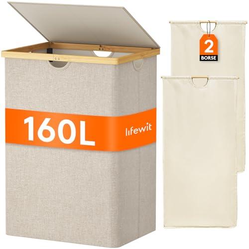 Lifewit 160 L Cesto Portabiancheria in Bambù, Grande Portabiancheria Sporca con Coperchio, Cesta Biancheria Pieghevole con Sacchi Rimovibili per Camera, Bagno, Lavanderia, Beige