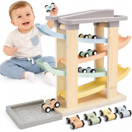 Joyreal Giochi Montessori 1 anno - Piste Macchinine Cars per Bambini, Giochi Legno Bambini con 4 Mini Auto Giocattolo e Garage Regalo Natale per Bambino Bambina