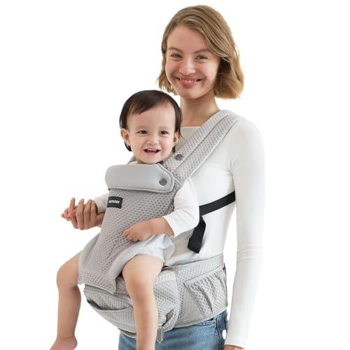 Momcozy Marsupio Neonato con Sede Anca 2 in 1, Portabebè Fronte Strada a Mani Libere fino a 20 kg, Marsupio Bambino 4 Stagioni con Cintura Regolabile fino a 115 cm,Grigio Air Mesh
