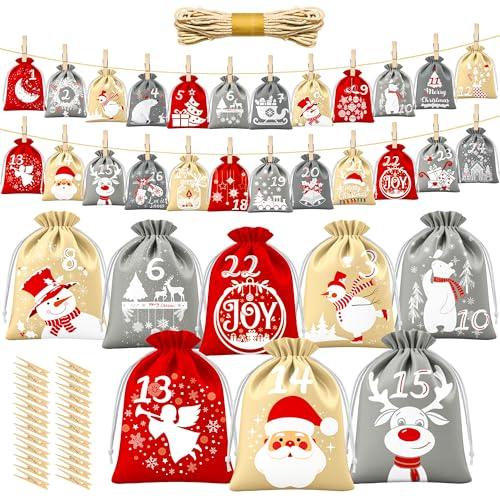 BoriYa Calendario Avvento fai da te - Sacchetti in Velluto Calendario dell' Avvento Vuoto da Riempire, Bambini Sacchetti Calendario Avvento 2025, Grande Stoffa Sacchettini Calendario d'Avvento Kit