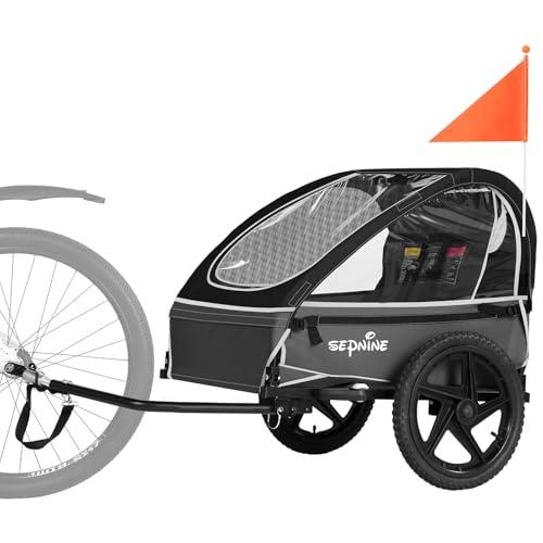 Sepnine Rimorchio per bici per bambini, adatto per 1 bambino, 12+ mesi, attacco rapido alla bici, pieghevole, con imbracatura per cintura di sicurezza e borse per riporre oggetti, nero