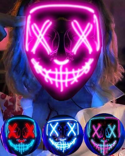 DWTECH Maschera LED per Halloween, maschera luminosa e spaventosa LED, con filo elettroluminescente, per feste in maschera, feste di Halloween, feste e cosplay, per bambini, uomini e donne
