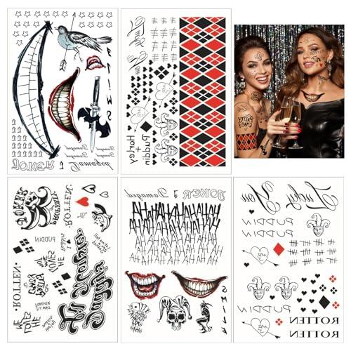 5 Fogli Halloween Clown Tatuaggi Temporanei, Joker Tatuaggi, Halloween Joker Tatuaggi, Joker Impermeabili Tatuaggi, Joker Tattoo Sticker, Per Halloween, Cosplay E Festa Di Mascherata