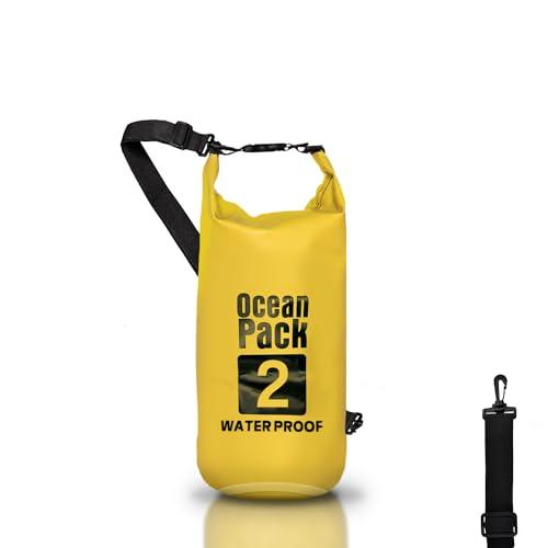 Dry Bag, Borsa Sacca Zaino Impermeabile Waterproof, chiusura a rotolo e tracolla, custodia impermeabile per cellulare e marsupio per Mare Barca Pesca Rafting Spiaggia Sport Acquatici (Yellow, 2l)