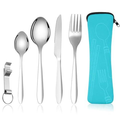 Vicloon Set di Posate con Custodia Portatile, 5 Pezzi in Acciaio Inossidabile con Apribottiglie, da Viaggio Coltello Forchetta Cucchiaio per Campeggio Picnic Scuola Pranzo(Cielo Blu)