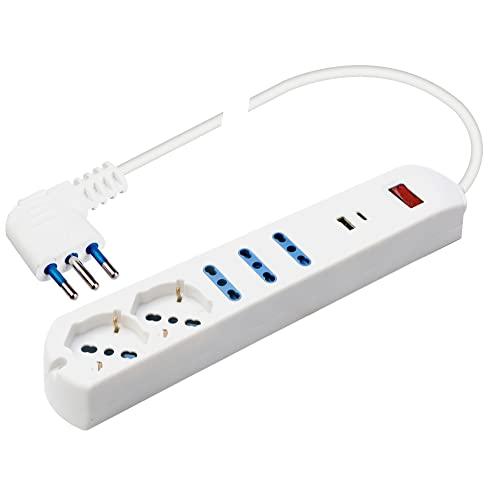 Poly Pool PP2535 presa quintupla: 5 prese 10/16A + 2USB (A+C) spina 10A bianca