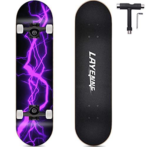 LAYENNE tavola Skateboard completo professionale da 31 * 8 pollici, 7 strati acero,Staffa ABEC-11,adatto per adulto, principianti, ragazzi, ragazze, adolescenti e bambino-purple