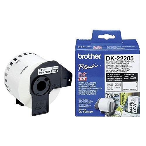 Brother DK-22205, Rotolo di Etichette di Carta a Lunghezza Continua, Nero su bianco, 62 mm di Larghezza