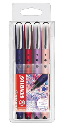 STABILO worker+ NatureCOLORS Wildflower - Penna Roller - Inchiostro blu - Astuccio da 4 - con colori freschi e moderni