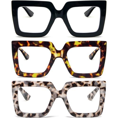 KoKoBin 3 confezioni di occhiali da lettura per donne con montatura lettori quadrati spessi ed eleganti che bloccano la luce blu occhiali (Nero/Marrone leopardo/Grigio leopardo, 2, Diottria)