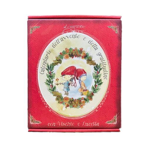 Calendario dell’avvento e della gratitudine con Vischio e Lucetta. Misura del cofanetto illustrato 16 x 21 cm Da utilizzare in famiglia, a scuola o con gruppi di bambini. Età consigliata 3-12 anni
