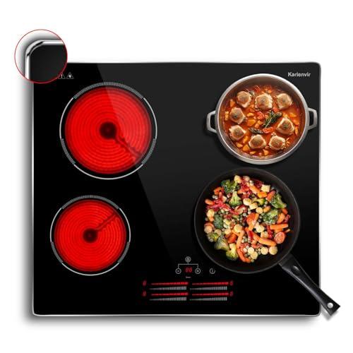 Karienvir Piano cottura in vetroceramica 4 Fuochi, Piano Cottura Elettrico 4 piastre incasso, 9 livelli di potenza, comando a slitta, timer, blocco di sicurezza, struttura in metallo, 6000W, 60cm