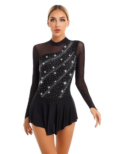 Freebily Abito da Pattinaggio Artistico Donna Paillettes Leotards Vestito Danza Classica Manica Lunga Body da Balletto Ballerina Costumi di Danza Samba Rumba Jazz Dancewear Nero S