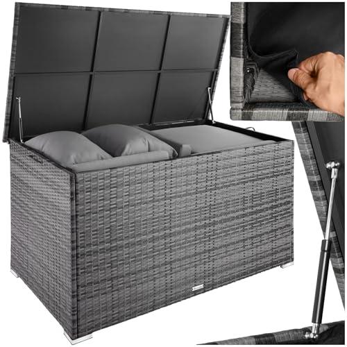 TecTake® Box Contenitore da Esterno 750L, Mobile da Giardino con Intreccio in Polyrattan, Telaio in Alluminio, Coperchio Rinforzato, Resistente ai Raggi UV, 145 x 82,5 x 79,5 cm - Grigio