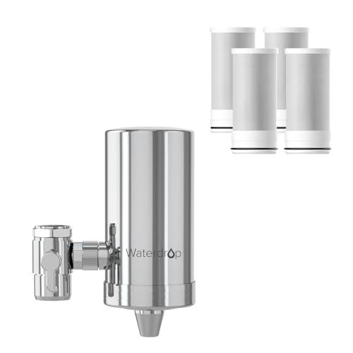 Waterdrop WD-FC-06 Filtre à Eau de Robinet en Acier Inoxydable,Système de Filtration d'eau à Bloc de Carbone,Filtre à eau du Robinet,Réduit le Chlore,les Odeurs et le Mauvais Goût(4 Filtres Inclus)