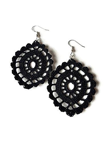 Orecchini Neri Pizzo Pendenti Ovali Uncinetto Fatto a mano Barocco Sicilia
