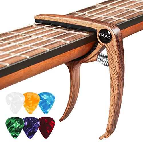 Capotasto Chitarra Acustica, con 6 Plettri Chitarra, Capotasto per Classica Chitarra Elettrica Ukulele Bass Violino Alloy Venatura del Legno