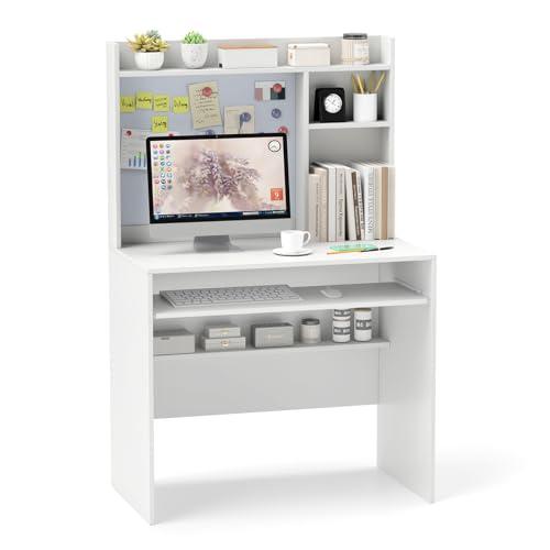 COSTWAY Scrivania per Computer Bianca, Scrivania con Lavagna Magnetica, Ripiani Regolabili e Vassoio per Tastiera, Scrivania Salvasapzio per Ufficio e Casa, 89 x 50 x 138 cm