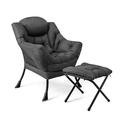 COSTWAY Poltrona Relax, Poltrona da Lettura con Cuscino per Testa, Elegante con Schienale e Seduta Imbottiti, Braccioli e Tasca di Stoccaggio, per Soggiorno, Portata 150 kg (Con Pouf, Grigio)