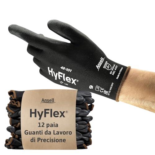 Ansell HyFlex 48-101 Guanti da Lavoro Sottili, Fodera Elastica con Rivestimento in Poliuretano, Protezione Professionale per Usi Generali e Manipolazioni Delicate, Nero, Taglia M (12 Paia)