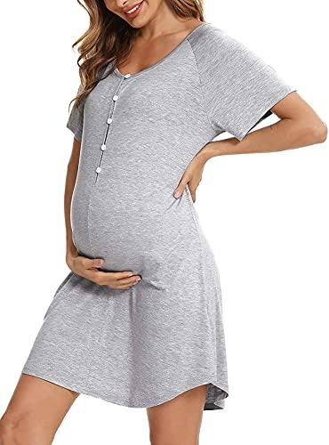 Uniexcosm Camicie Notte Donna, Camicia da Notte Parto Ospedale Camicia da Notte Allattamento con Bottoni Scollo a V Camicia Premaman Manica Corta Raglan Adatto Casa Rete Grigio Chiaro L