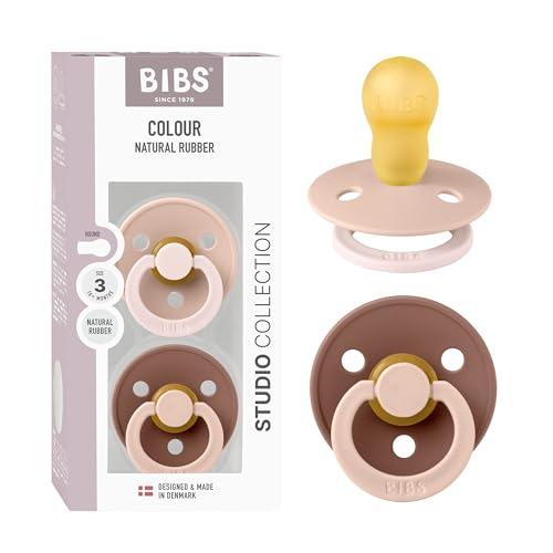 BIBS Colour Studio Ciuccio confezione da 2 pezzi. Privo di BPA, Tettarella tonda. Lattice di gomma naturale, Prodotto in Danimarca, Taglia 3 (18+ mesi) - Blush/Woodchuck