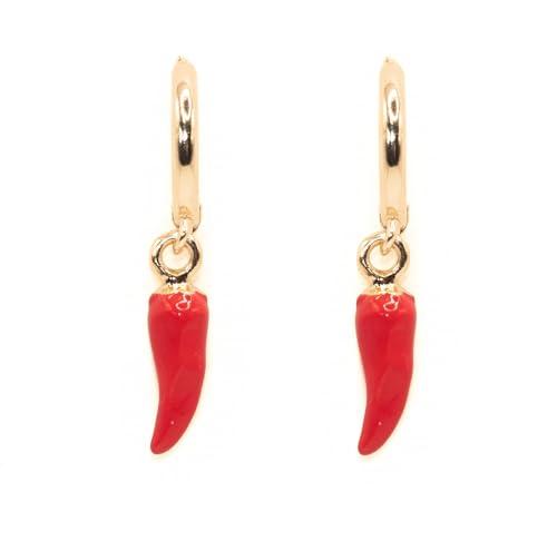 NILUXE DESIGN - Orecchini Peperoncino e Cerchi Dorati Donna - Orecchini a Cerchio Placcati in Oro 14k - Orecchini Peperoncino Smaltato Lucente - Orecchini Perfetti per Regalo(Rosso)