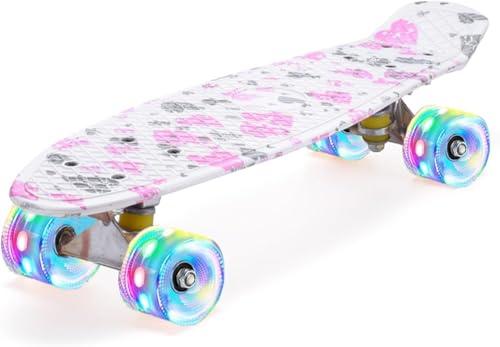 ERNAN Skateboard 22in Mini Cruiser Skateboard Completo retrò per bambini, ragazzi, adolescenti, adulti, principianti, ruote luminose a LED,carico massimo 99,8 kg (loving)