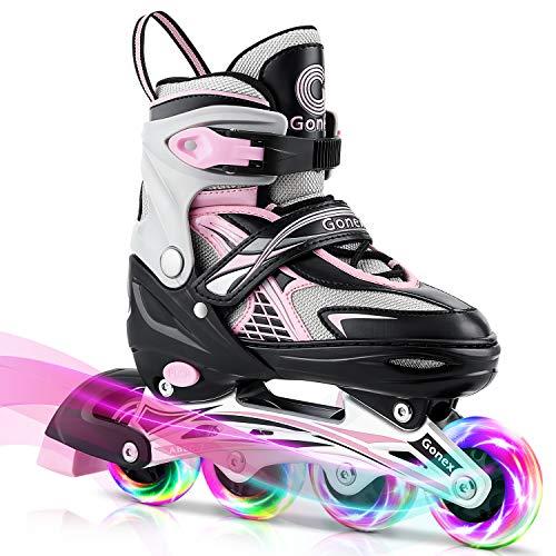 Gonex Pattini in Linea Regolabili per Bambini/Adulto, 4 Ruote Illumina LED, Inline Skates per Bambina Ragazzo Adulti Donna (Taglia EU 35-38), Rosa