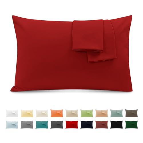 Federe Cuscini Letto Matrimoniale Cotone 50x80 cm 2 PCS, Set 2 Federe Certificato Oeko-TEX in Premium Cotone 110GSM, Morbida e Traspirante, Ipoallergenica -Rosso