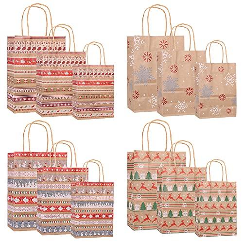Sacchetti Carta Con Manici, Shopper Carta Kraft Avana, Buste Regalo Natale Carta, Sacchetto Regalo Di Natale Carta Kraft, Natalizibuste Carta Piccole Medie Grandi Varie Dimensioni 12 Pezzi Set (C)