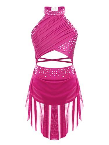 YiZYiF Vestito da Balletto Bambina Costume di Danza Senza Maniche Abito da Ballo Lirico Contemporaneo Body da Ginnastica Vestito Pattinaggio Artistico Rosa Caldo 11-12 Anni