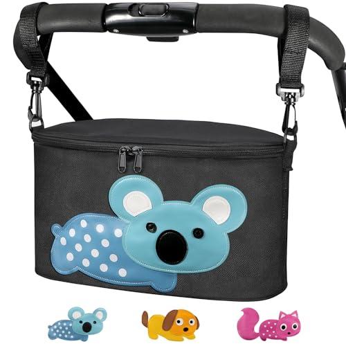 Bello it Borsa per Passeggino o Carrozzina, Borsa porta oggetti universale， Design animali colorati, Leggera e Capiente con ganci e tracolla inclusi Tema: (Koala) colore : Nero