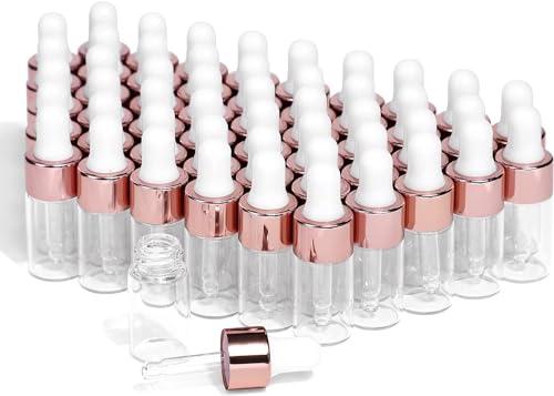 Mini flaconi contagocce in vetro, 50 pezzi, con tappo color oro rosa, trasparenti, vuoti, con erogatore contagocce, utilizzati per campioni di profumo, olio per il corpo, liquidi cosmetici (3 ml)