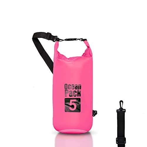 Dry Bag, Borsa Sacca Zaino Impermeabile Waterproof, chiusura a rotolo e tracolla, custodia impermeabile per cellulare e marsupio per Mare Barca Pesca Rafting Spiaggia Sport Acquatici (Pink, 5l)