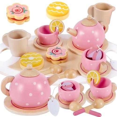 AOLEVA Set da Tè in Legno, Set Accessori Cucina Bambini Giochi Legno Cucina Giocattoli Servizio Tè Giochi di Ruolo Regalo per Bambina 3 4 5 Anni